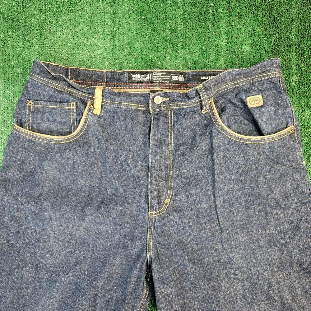 Ecko Unltd. Mens Classic Straight Jeans Blue 5 Pocket Baggy Fit Stitching 40x32 - Picture 6 of 10